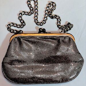 Express Gold and Brass clamshell clutch, brass chain lined in champagne satin